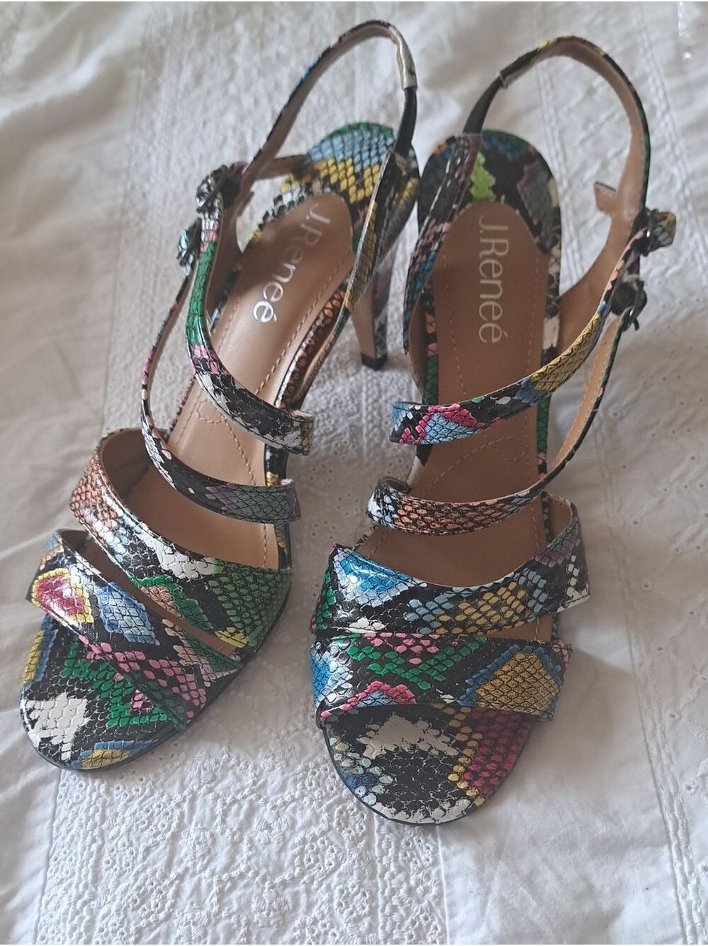 J.RENEE Multicolor Snake-Print Strappy Uliana sandals heels colorful chic 7.5